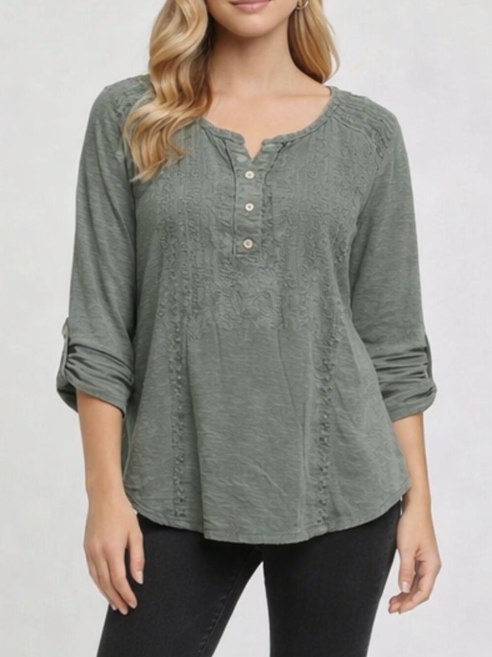 Democracy Ash Green Embroidered Tab Roll Henley Blouse